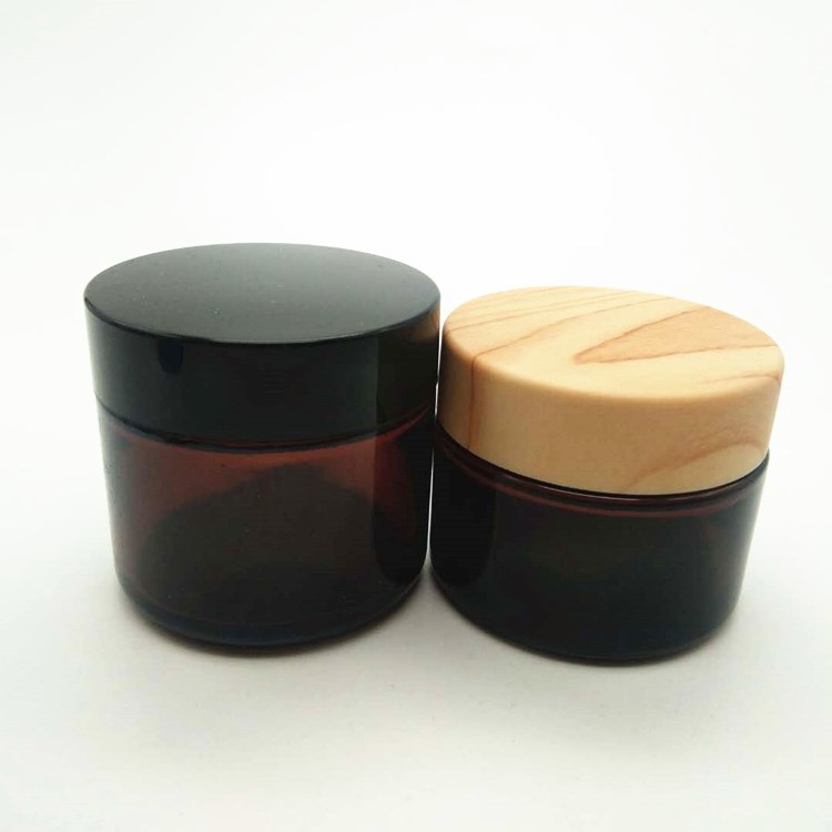 moisturiser cream cosmetic packaging amber glass jars with black lid