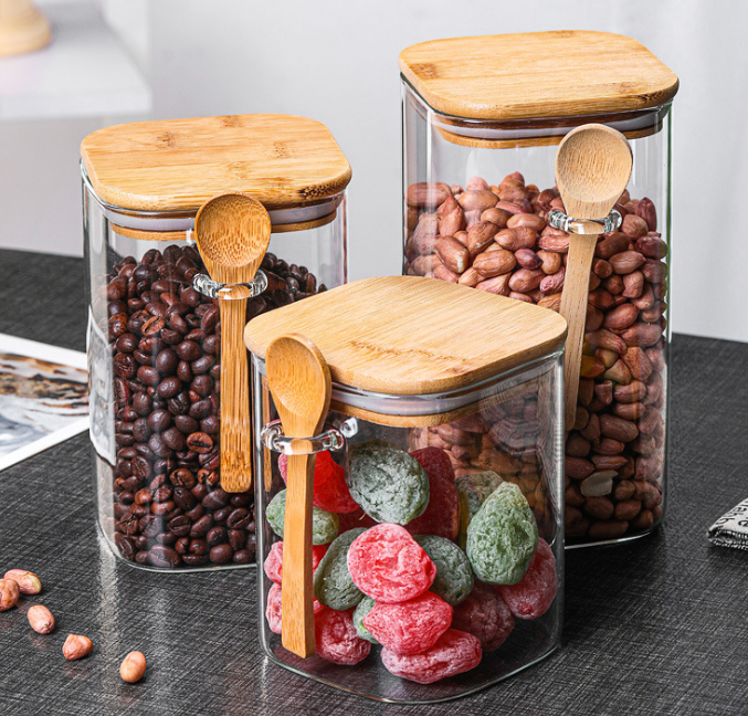 multi-function transparent glass sealed food storage tank with bamboo spoon and cover