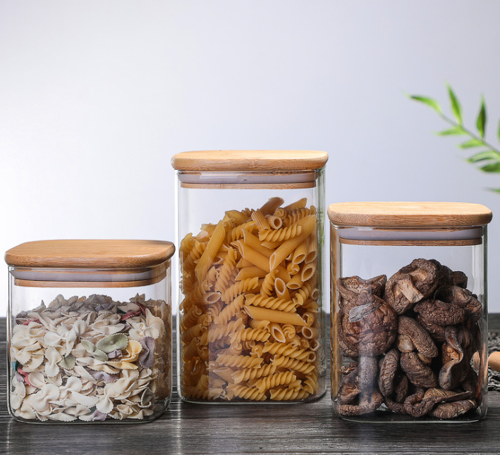 multi-function transparent glass sealed food storage tank with bamboo spoon and cover