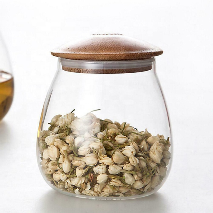 mushroom bamboo lid wide mouth glass jar for food storage
