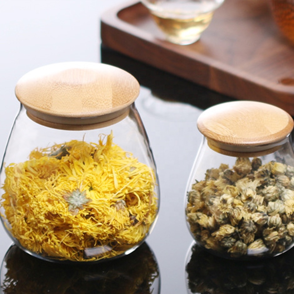 mushroom bamboo lid wide mouth glass jar for food storage