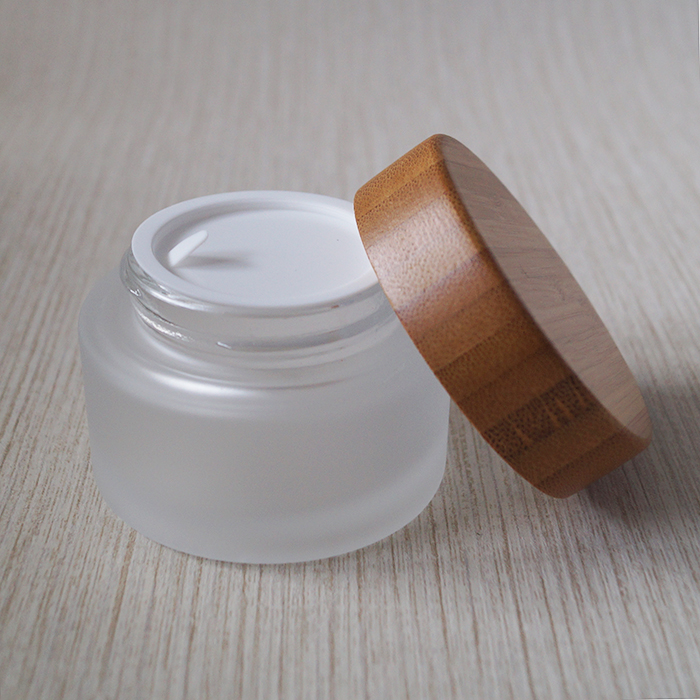 natural wood screw top frosted glass bamboo lid jar cosmetic