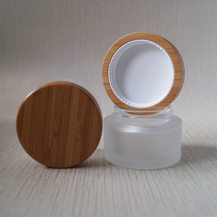 natural wood screw top frosted glass bamboo lid jar cosmetic