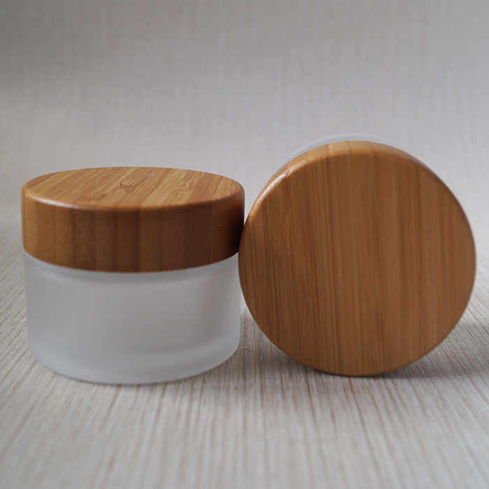 natural wood screw top frosted glass bamboo lid jar cosmetic