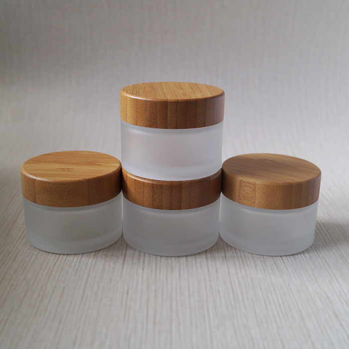 natural wood screw top frosted glass bamboo lid jar cosmetic