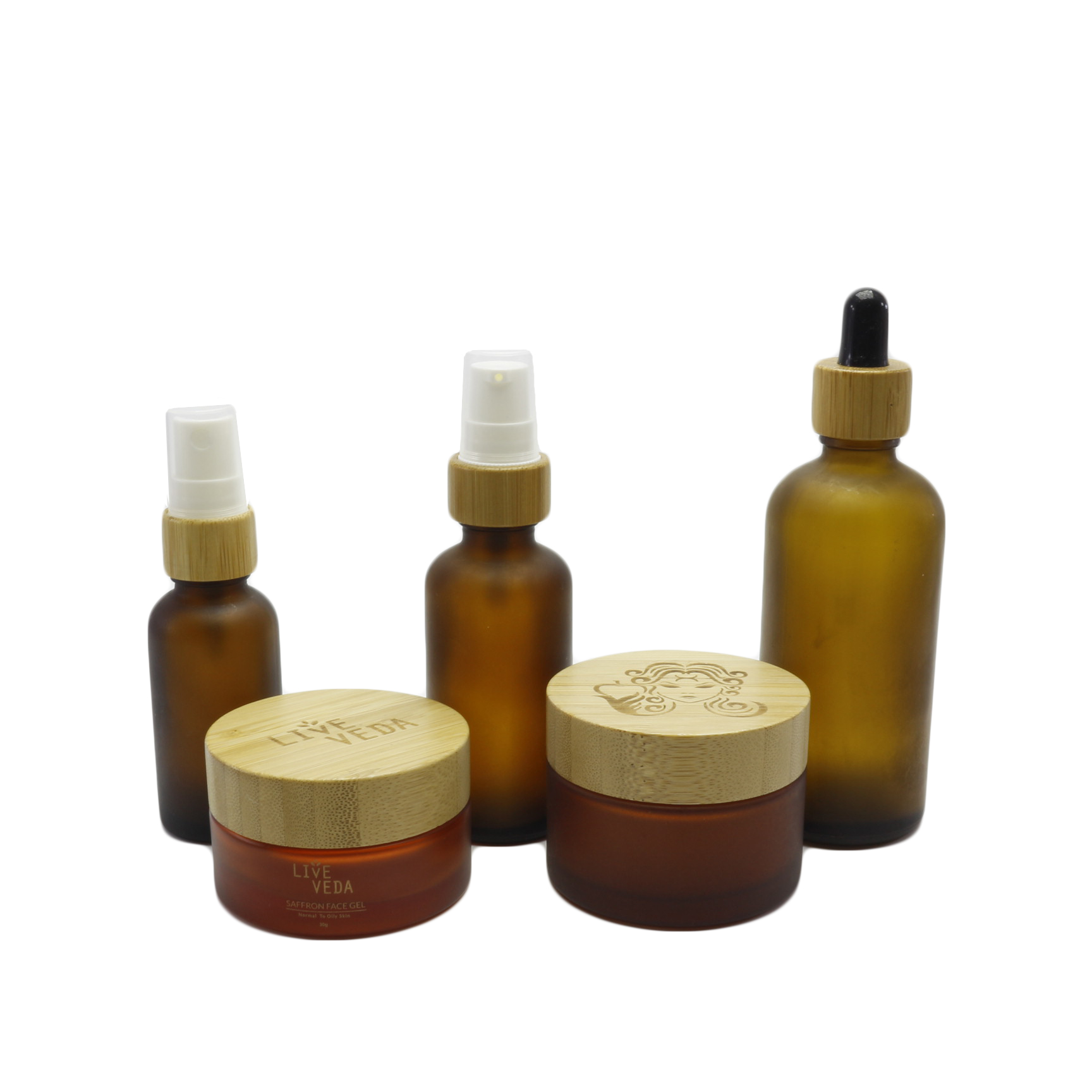 nature skin care cosmetic container packaging bamboo wood lids amber frosted cream jar and spray bottle BJ-341AN