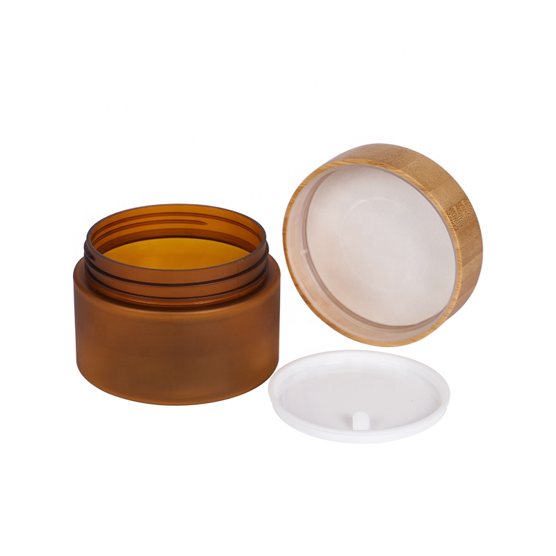 nature skin care cosmetic container packaging bamboo wood lids amber frosted plastic jars
