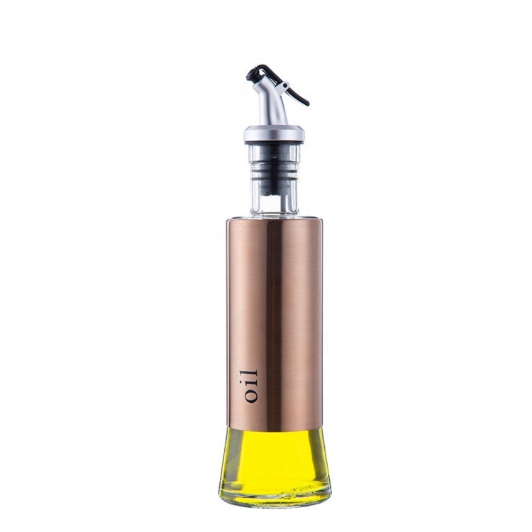 new copper stainless steel condiment packaging olive oil dispenser 300ml empty glass vinegar bottle with pourer for cooking wine