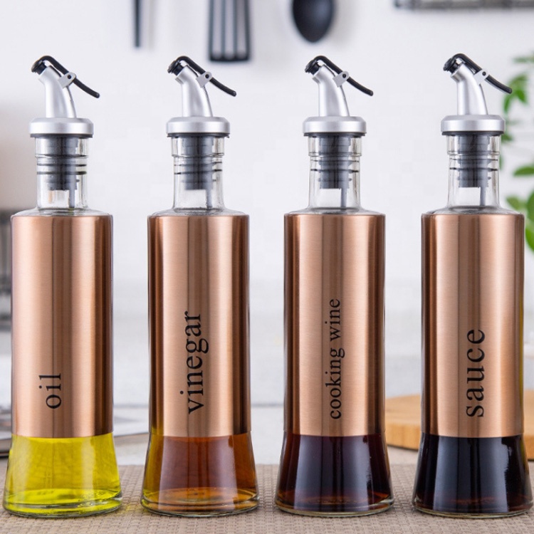 new copper stainless steel condiment packaging olive oil dispenser 300ml empty glass vinegar bottle with pourer for cooking wine