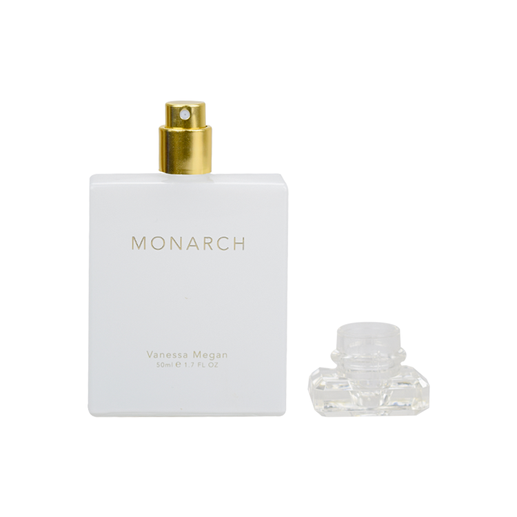 new design 10ml 50ml shiny white glass perfume bottle crimp gold aluminum sprayer