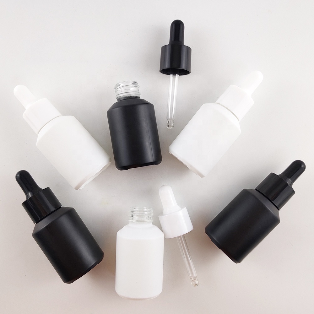 new design 2020 premium matte black white 1oz 30ml slanted glass dropper bottle for oils cosmetic packaging