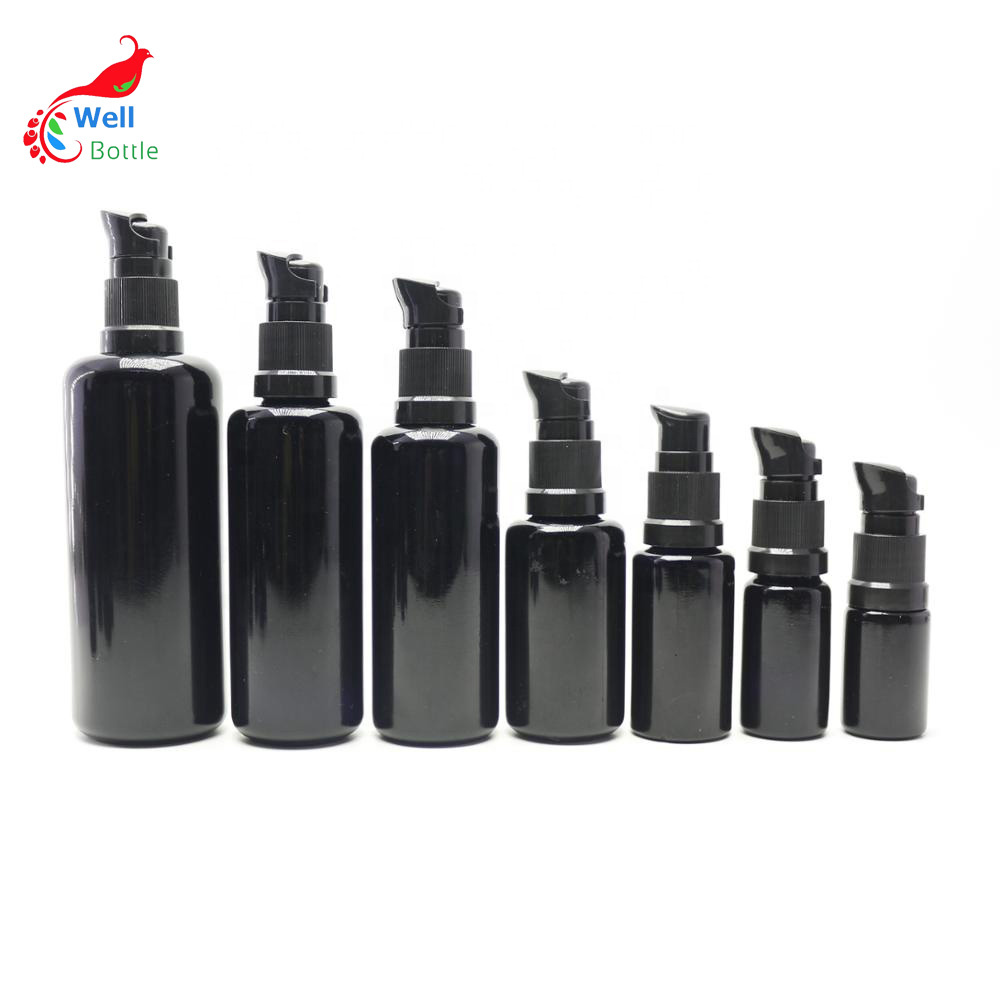 new design 50ml 60ml 100ml 120ml violet glass lotion bottle with black pump sprayer DV-28S
