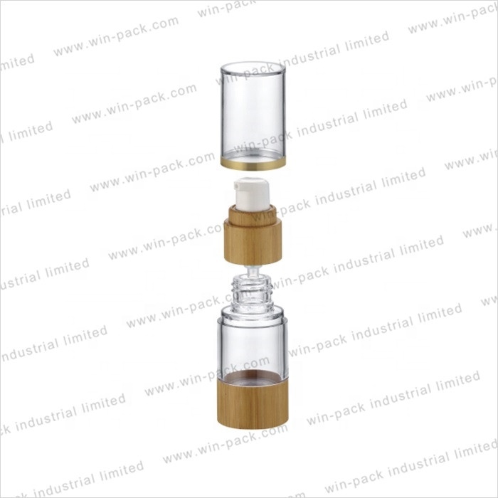 new design clear empty custom airless lotion bottle 15ml 30ml 50ml 80ml 100ml 120ml with bamboo cap and bamboo airless pump