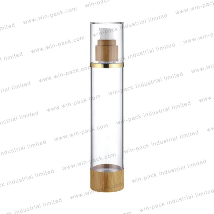 new design clear empty custom airless lotion bottle 15ml 30ml 50ml 80ml 100ml 120ml with bamboo cap and bamboo airless pump