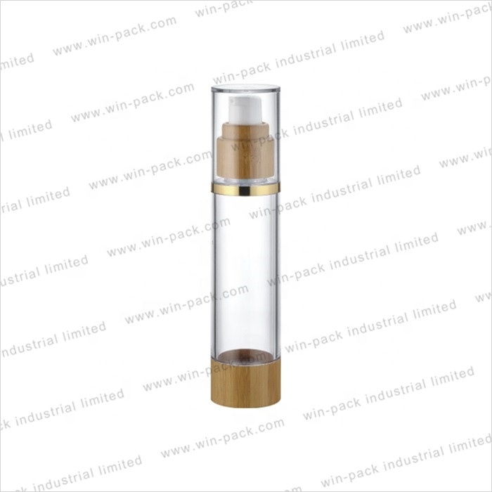 new design clear empty custom airless lotion bottle 15ml 30ml 50ml 80ml 100ml 120ml with bamboo cap and bamboo airless pump