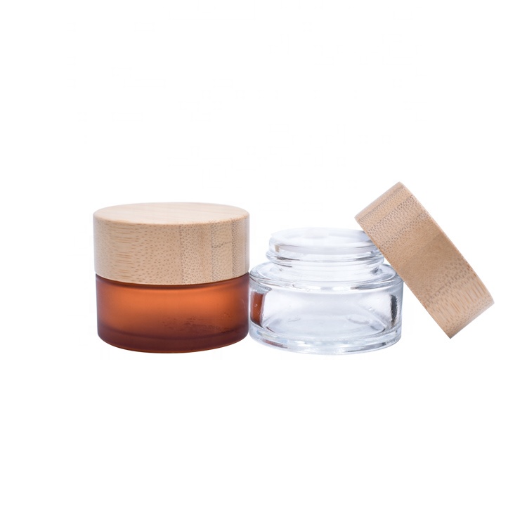 new design cosmetic package empty 15g 15ml 0.5oz amber frosted clear bamboo and glass cosmetic jar with bamboo lid