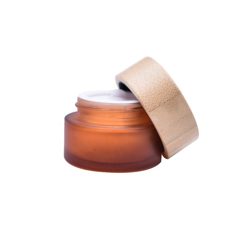 new design cosmetic package empty 15g 15ml 0.5oz amber frosted clear bamboo and glass cosmetic jar with bamboo lid