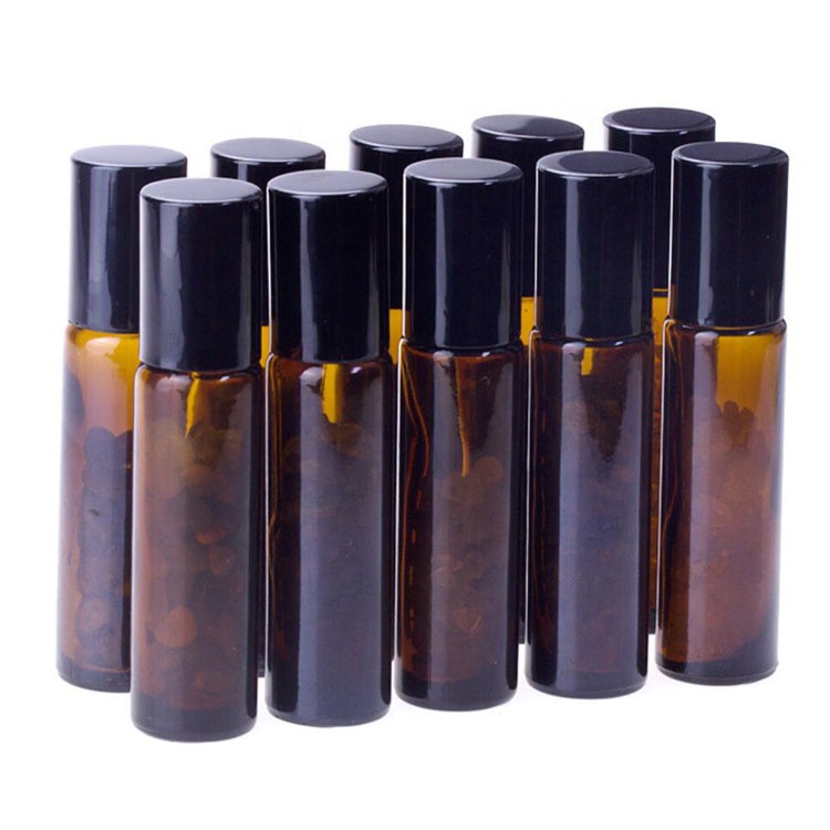 new design cosmetic sample package amber blue glass bottle perfume oil 10ml with jade roller
