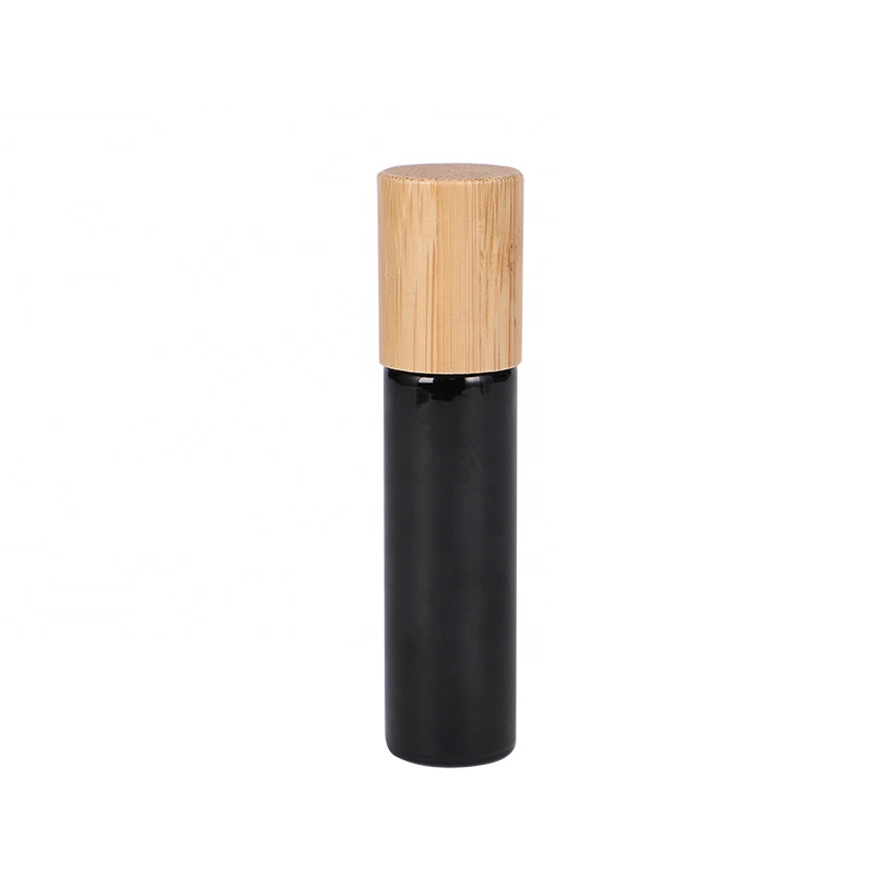 new design nature bamboo lid gemstone roller bottle refillable shiny / matt black glass oil roller bottles 10 ml