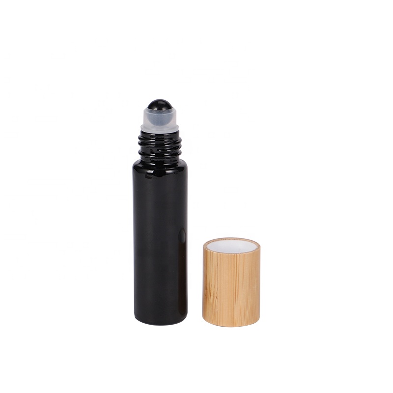 new design nature bamboo lid gemstone roller bottle refillable shiny / matt black glass oil roller bottles 10 ml