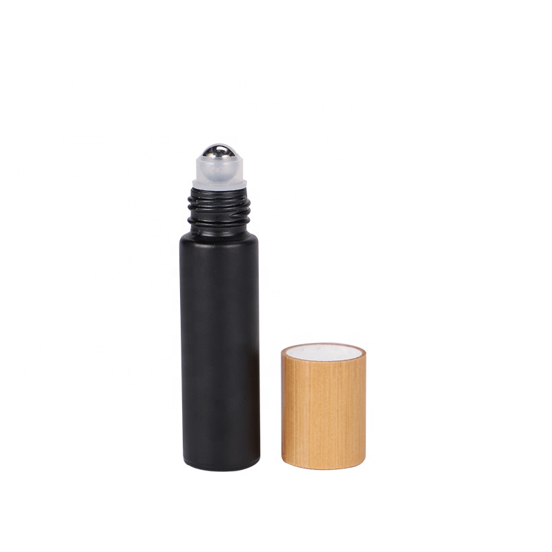 new design nature bamboo lid gemstone roller bottle refillable shiny / matt black glass oil roller bottles 10 ml