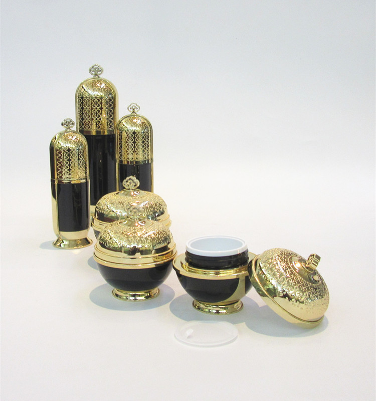 new imperial crown type lefery cosmetics cream containers,gold cosmetic jar 50 ml,30ml plastic gold bottle