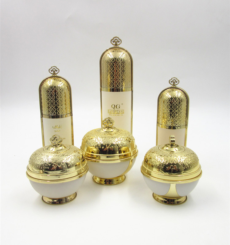 new imperial crown type lefery cosmetics cream containers,gold cosmetic jar 50 ml,30ml plastic gold bottle