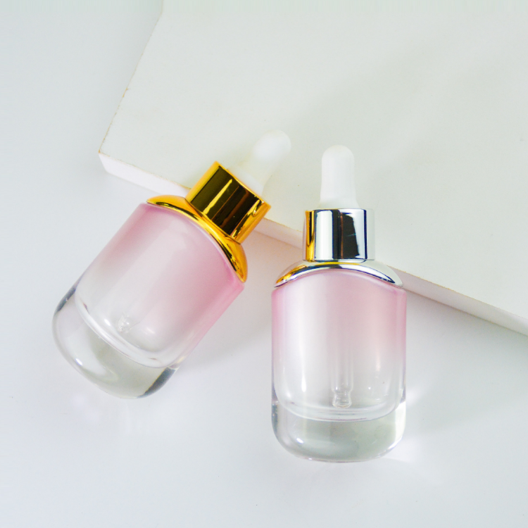new oval shape 30ml thick bottom clear essential oil glass bottle 1 oz flat cosmetic serum bottles with silver gold dropper