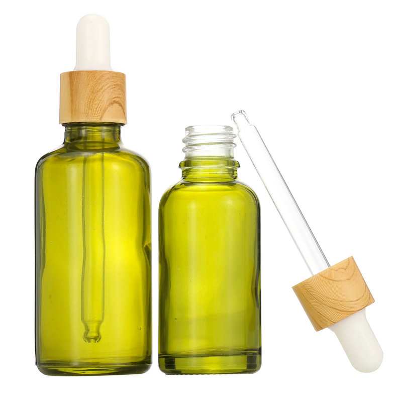 new product electroplating gold and silver 10ml 20ml 30ml bamboo cap olive green essential oil glass bottle with glass pipette