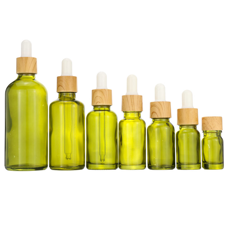 new product electroplating gold and silver 10ml 20ml 30ml bamboo cap olive green essential oil glass bottle with glass pipette