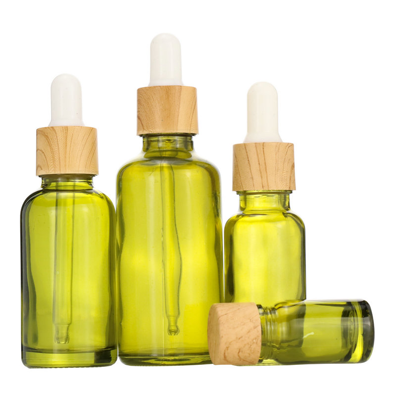 new product electroplating gold and silver 10ml 20ml 30ml bamboo cap olive green essential oil glass bottle with glass pipette