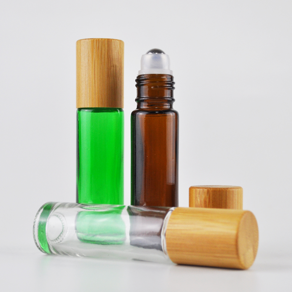 new selling beauty clear black blue green frascos roll on 5ml 10ml round glass bottle with natural bamboo cap for essential oil