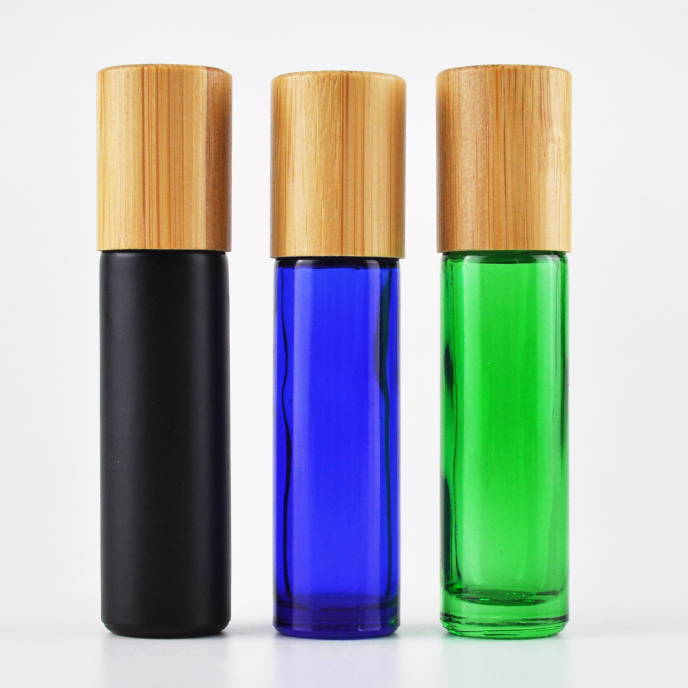 new selling beauty clear black blue green frascos roll on 5ml 10ml round glass bottle with natural bamboo cap for essential oil