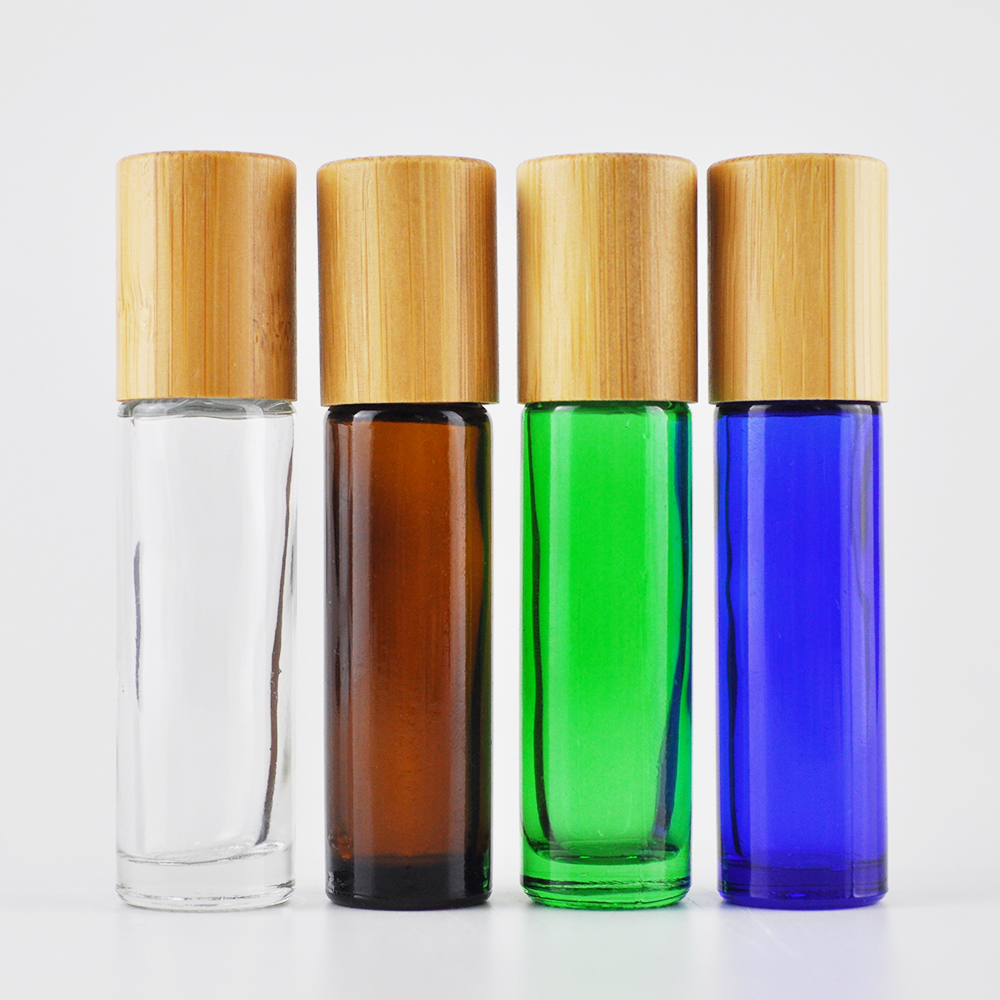 new selling beauty clear black blue green frascos roll on 5ml 10ml round glass bottle with natural bamboo cap for essential oil