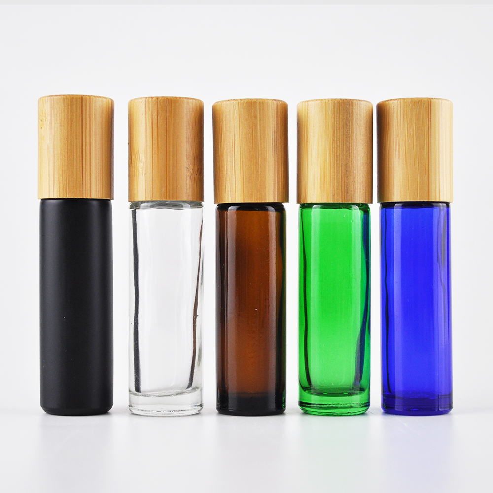 new selling beauty clear black blue green frascos roll on 5ml 10ml round glass bottle with natural bamboo cap for essential oil
