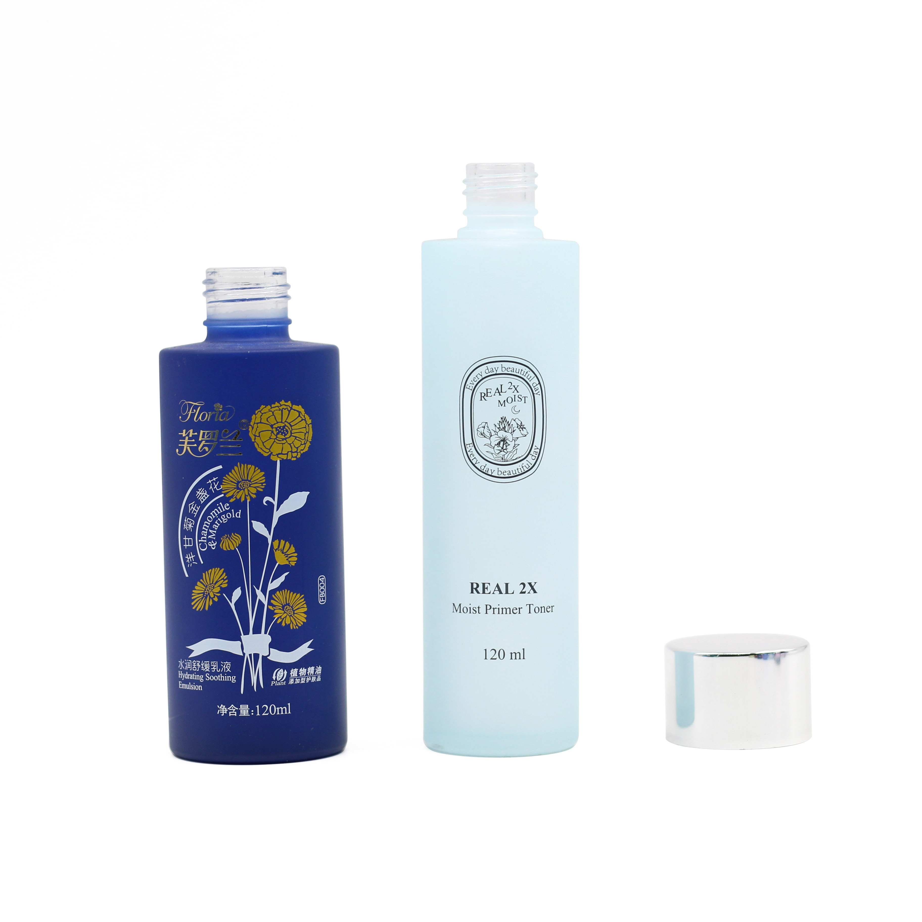 new style cosmetic bottles frosted light yellow and blue  round glass lotion bottle with white glass lotion and jars