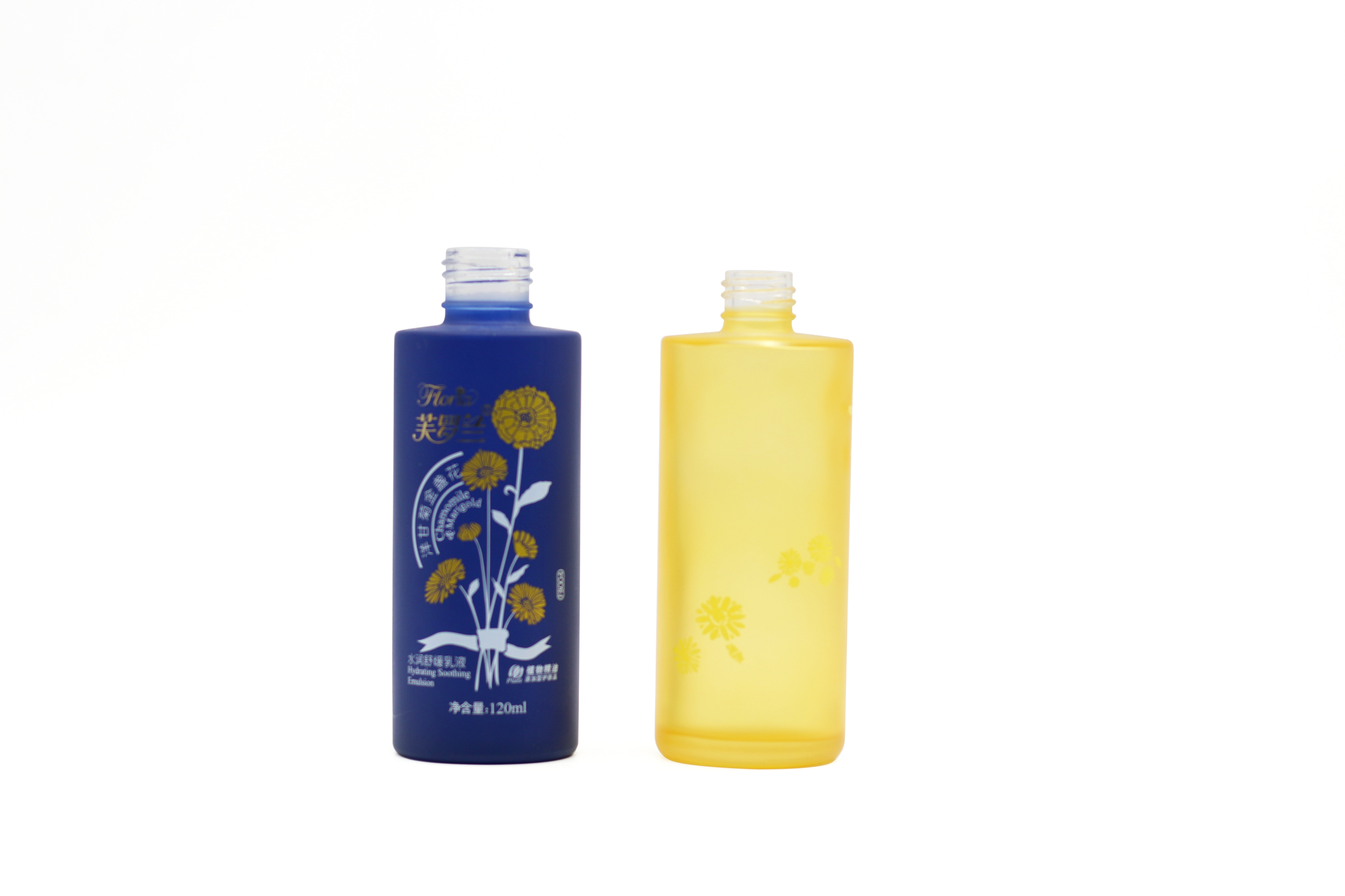 new style cosmetic bottles frosted light yellow and blue round glass lotion bottle with white glass lotion and jars