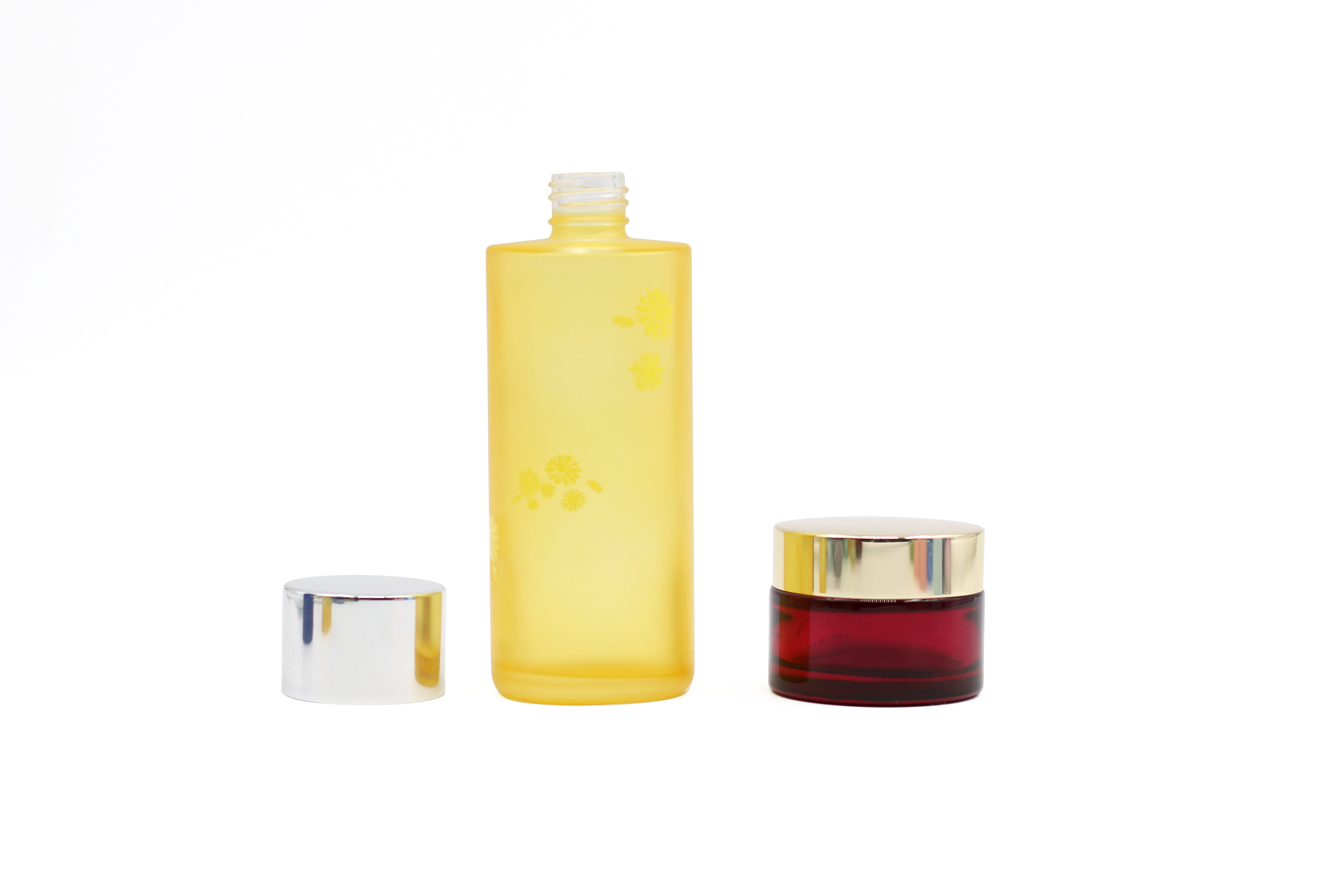 new style cosmetic bottles frosted light yellow and blue round glass lotion bottle with white glass lotion and jars