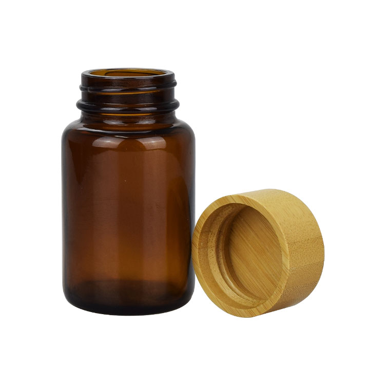 none plastic bamboo lid bottle amber glass bottle for medicine