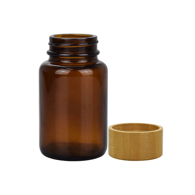 none plastic bamboo lid bottle amber glass bottle for medicine