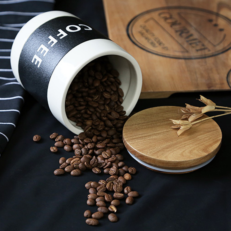 nordic style simple design home goods kitchenware white cylinder ceramic airtight stoneware coffee canister with wood lid