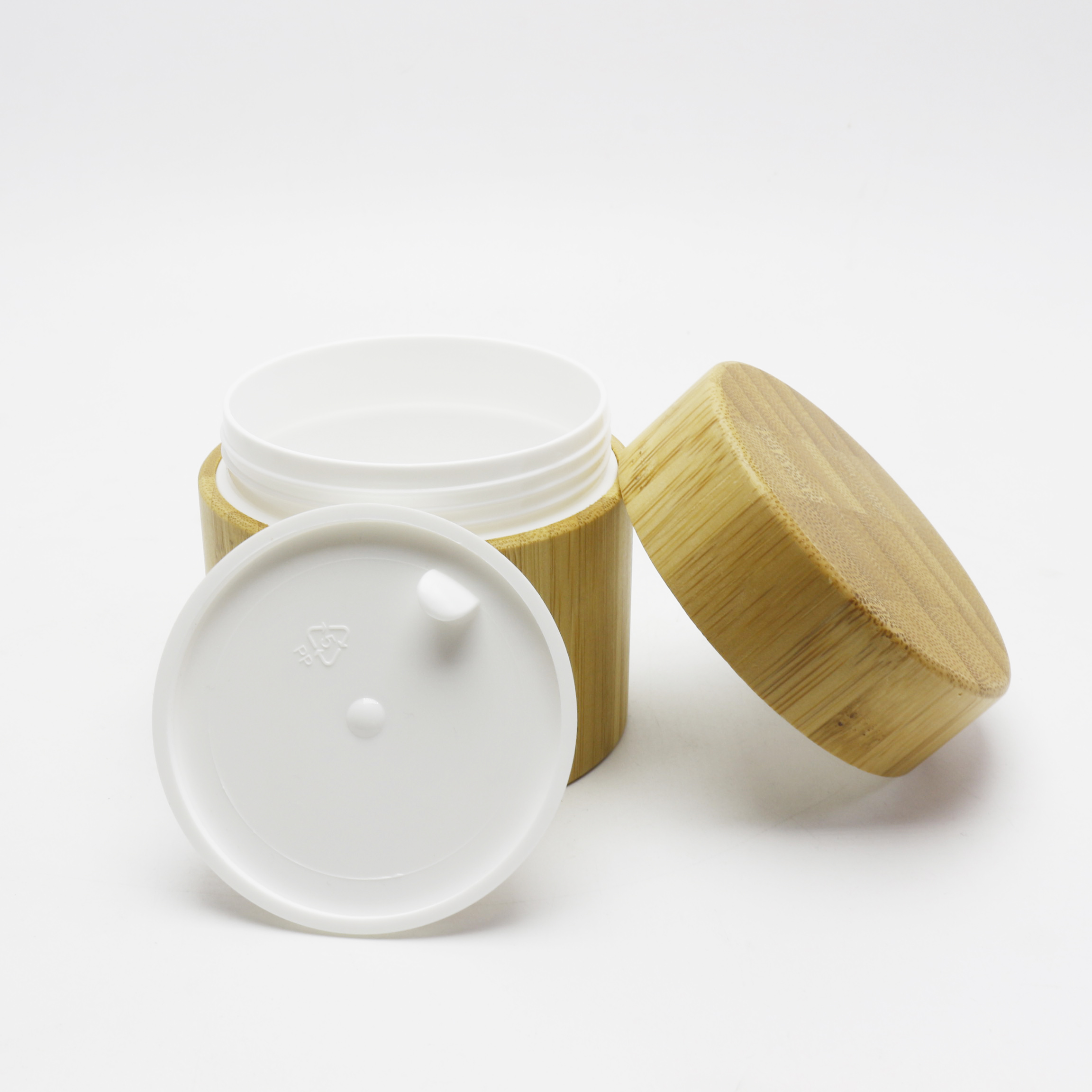 oem New fashion natural products round shape 10g 20g 30g 50g 60g 100g white plastic pp cosmetic bamboo cream jar BJ-379AN