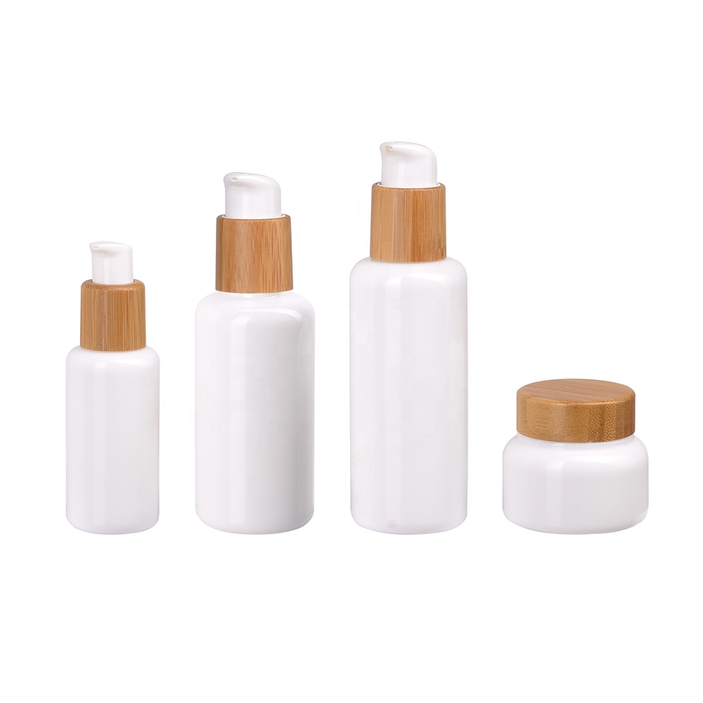 opal white glass cosmetic bamboo wooden serum pump botlles 40 100 120 ml 200ml opaque white 50g glass jar with bamboo wooden lid