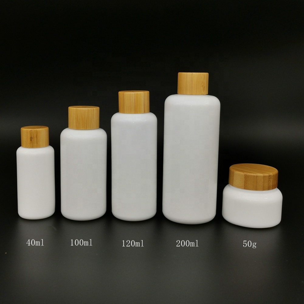 opal white glass cosmetic bamboo wooden serum pump botlles 40 100 120 ml 200ml opaque white 50g glass jar with bamboo wooden lid