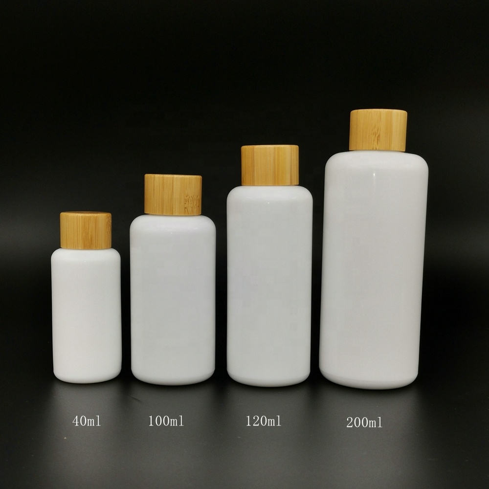 opal white glass cosmetic bamboo wooden serum pump botlles 40 100 120 ml 200ml opaque white 50g glass jar with bamboo wooden lid