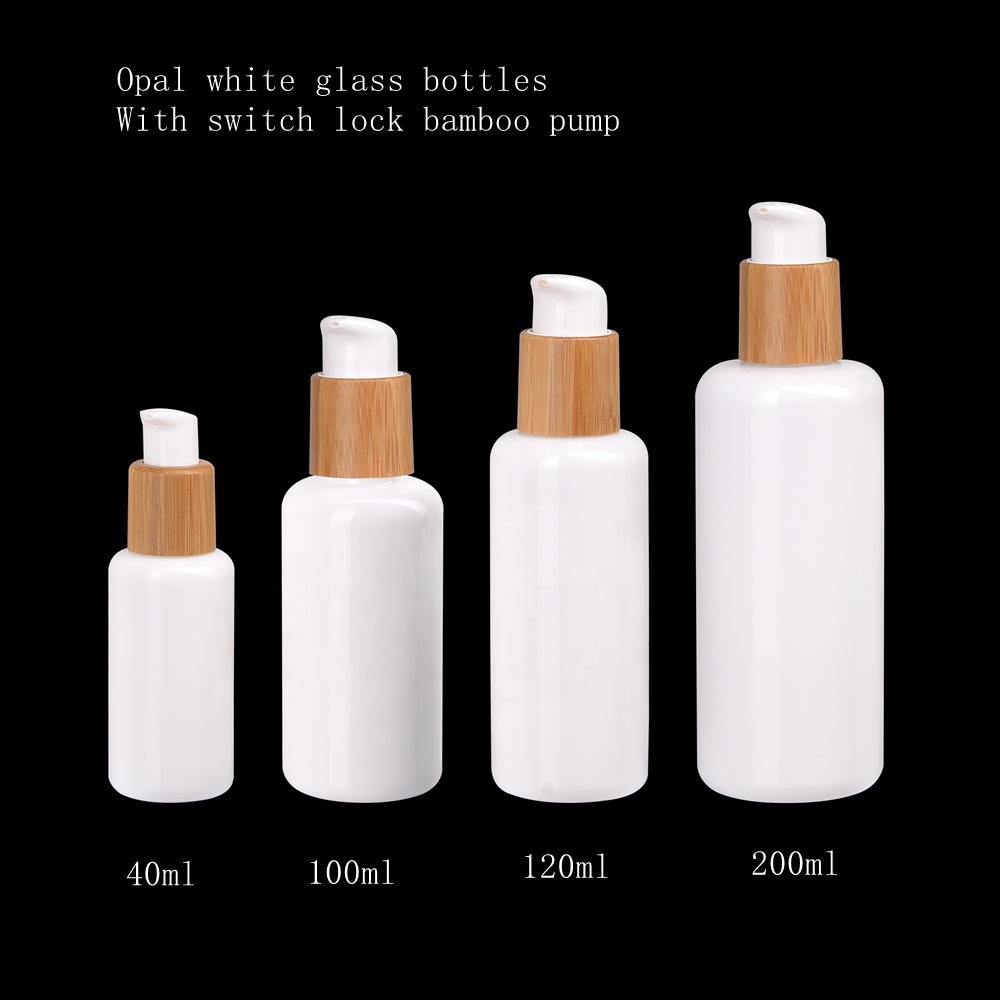 opal white glass cosmetic bamboo wooden serum pump botlles 40 100 120 ml 200ml opaque white 50g glass jar with bamboo wooden lid