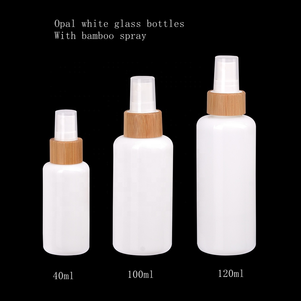 opal white glass cosmetic bamboo wooden serum pump botlles 40 100 120 ml 200ml opaque white 50g glass jar with bamboo wooden lid