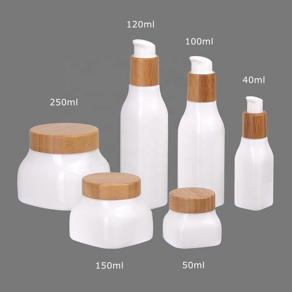 opal white glass square opaque white 40ml 100ml 120ml serum bottles with bamboo pump and 50g 150g 250g glass jar with bamboo lid