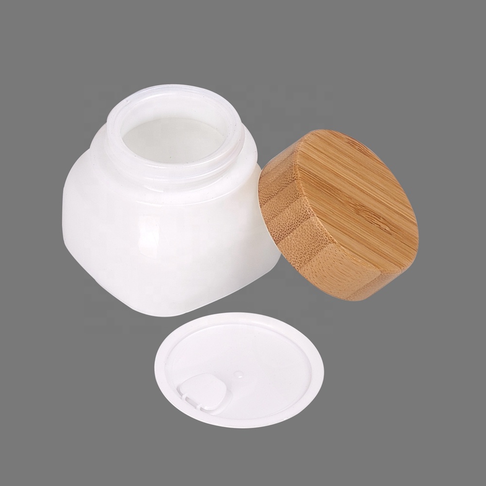 opal white glass square opaque white 40ml 100ml 120ml serum bottles with bamboo pump and 50g 150g 250g glass jar with bamboo lid