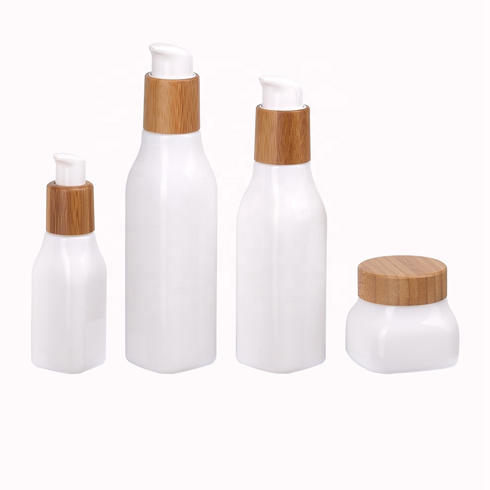 opal white glass square opaque white 40ml 100ml 120ml serum bottles with bamboo pump and 50g 150g 250g glass jar with bamboo lid